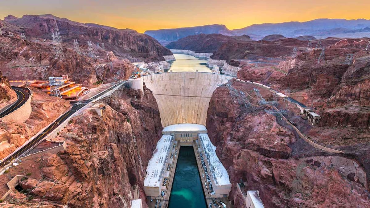 Hoover Dam massive concrete structure and bypass bridge