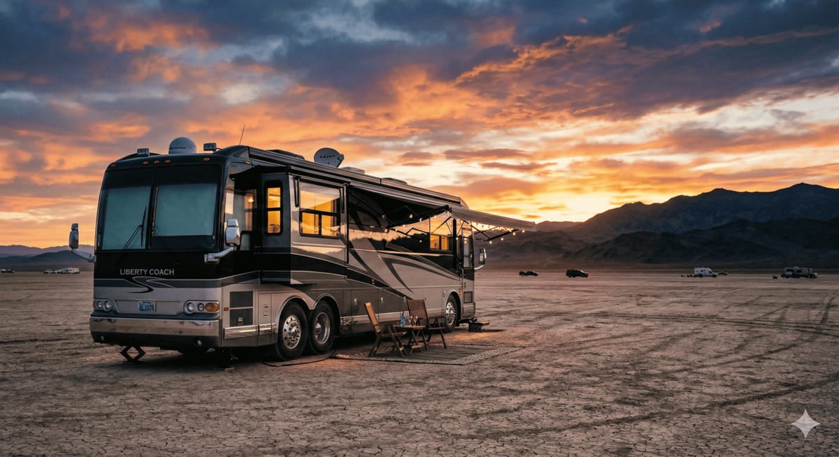 Large luxury RV parked on the Black Rock Desert playa at sunset