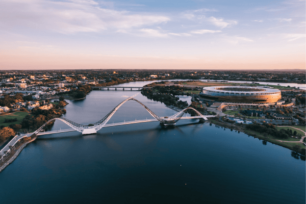 Swan River views with the Matagarup Bridge at sunset